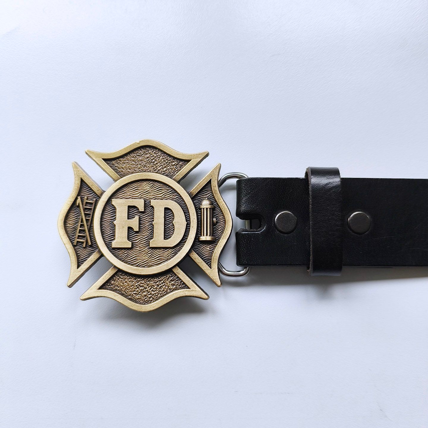 Bronze Plated FD Fire Firefighter Belt Buckle W Black Genuine Leather Belt G��rtel