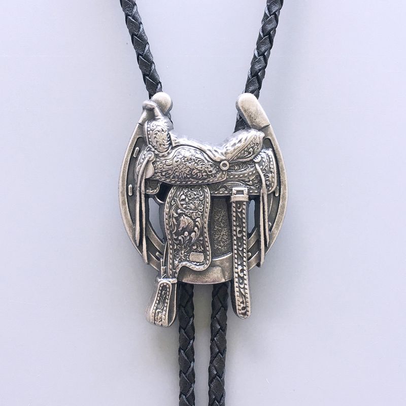 Vintage Silver Plated Western Saddle Horseshoe Cowboy Boots Bolo Tie Leather Necklace BOLOTIE-006SL