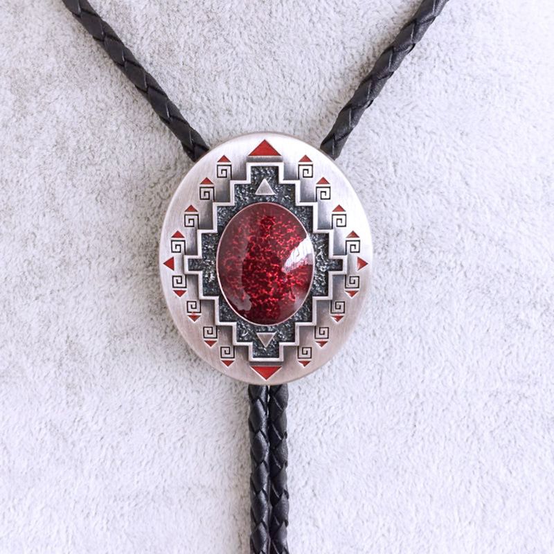 Vintage Silver Plated Southwest Pattern Oval Wedding Bolo Tie Leather Necklace BOLOTIE-001SL