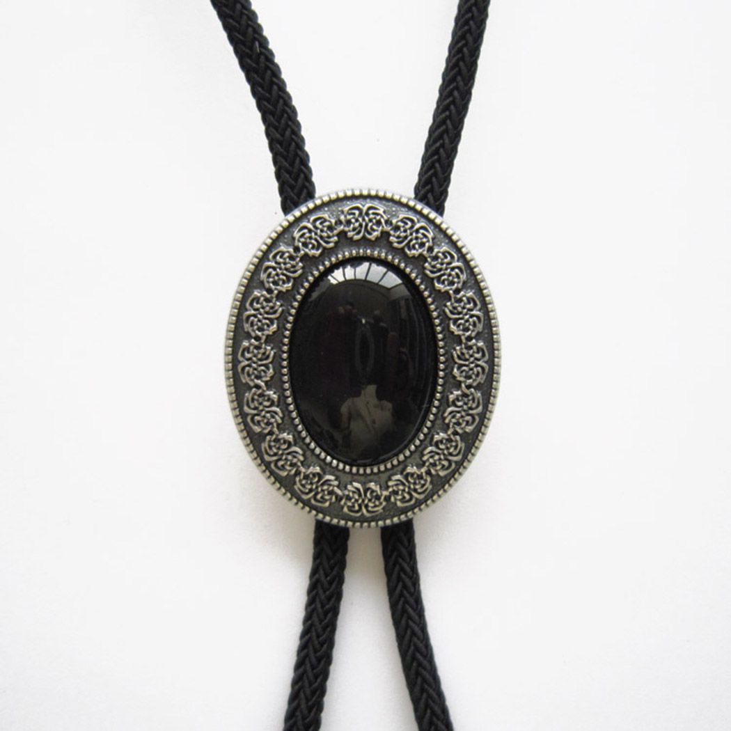 Vintage Silver Plated Black Agate Celtic Bolo Tie With Sky Systems Fiber Rope BOLOTIE-009SK