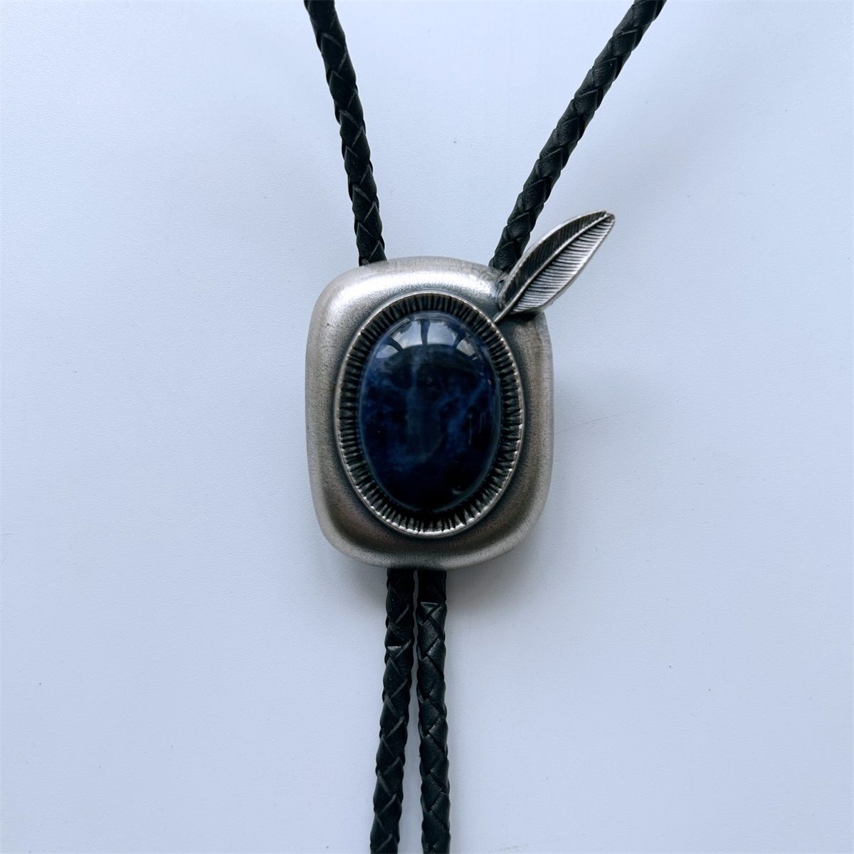 Vintage Silver Plated Nature Blue Plessite Stone Bolo Tie Wedding Leather Necklace BOLOTIE-016