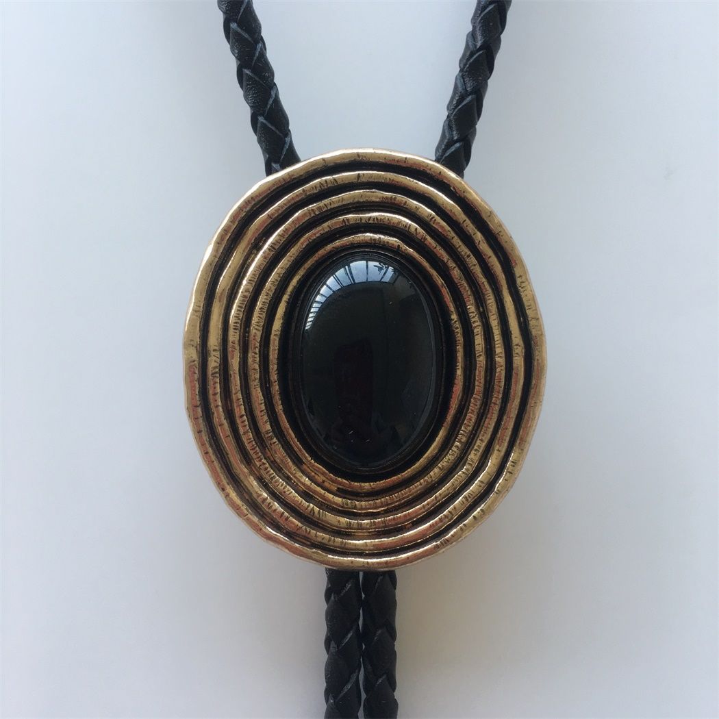 Vintage Antique Gold Plated Nature Black Obsidian Stone Bolo Tie BOLOTIE-015