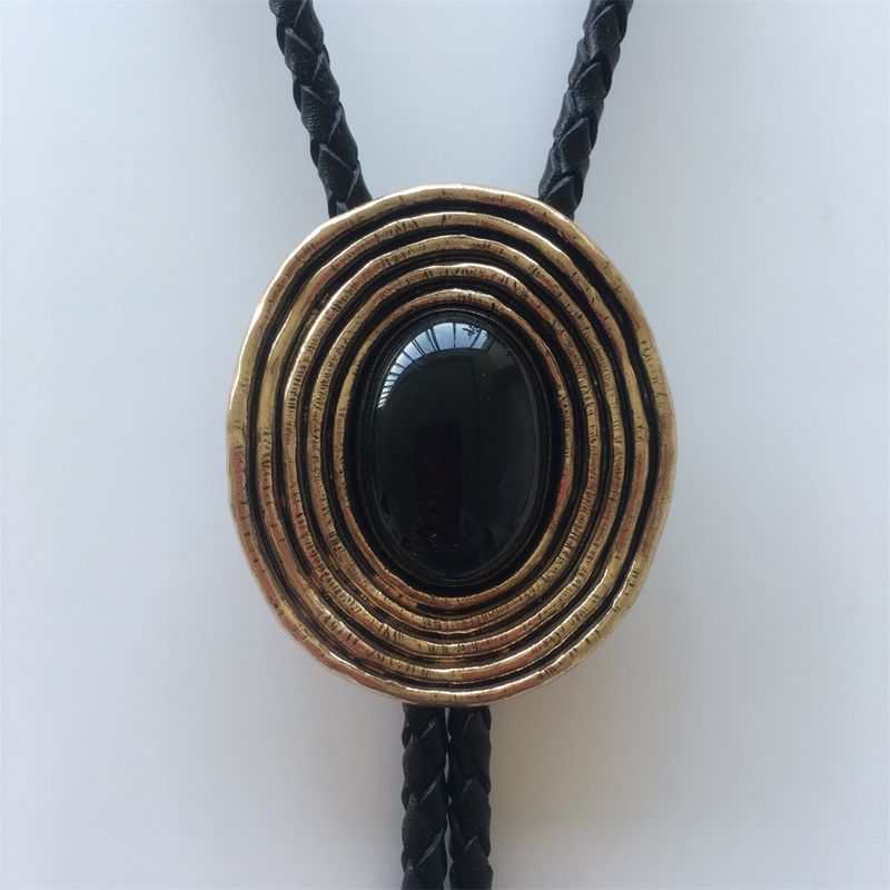 Vintage Antique Gold Plated Nature Black Obsidian Stone Bolo Tie BOLOTIE-015