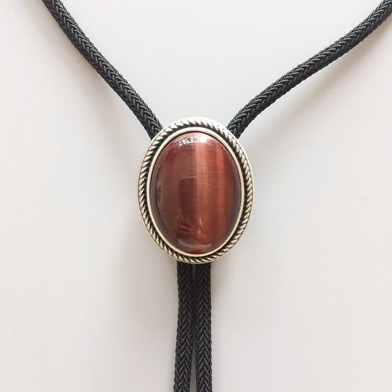 Vintage Silver Nature Red Tiger Eye Stone Western Oval Bolo Tie BOLOTIE-024