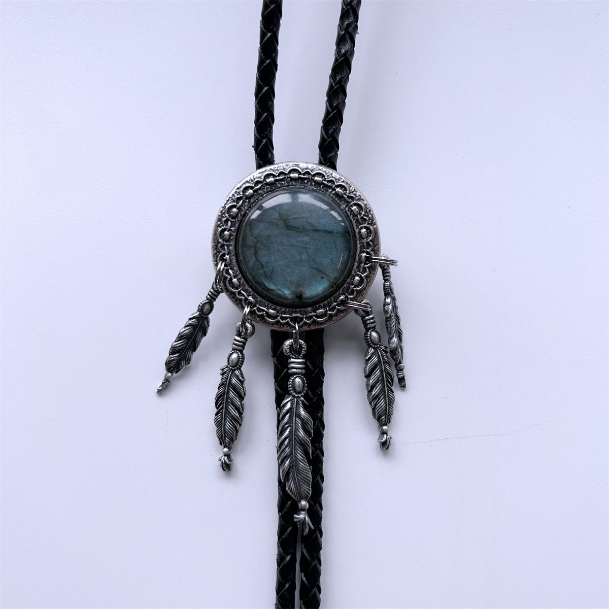 Vintage Silver Plated Nature Labradorite Stone Bolo Tie BOLOTIE-011LA