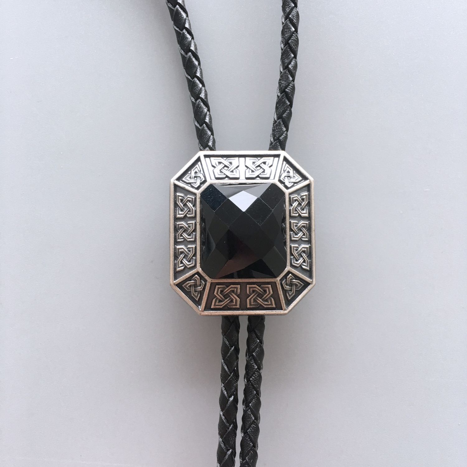 Vintage Silver Plated Black Agate Octagon Celtic Bolo Tie Leather Necklace BOLOTIE-021BK