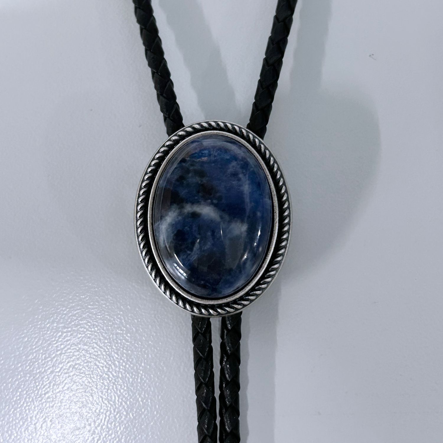 Nature Blue Plessite Stone Oval Bolo Tie With Genuine Leather Rope BT-037SL