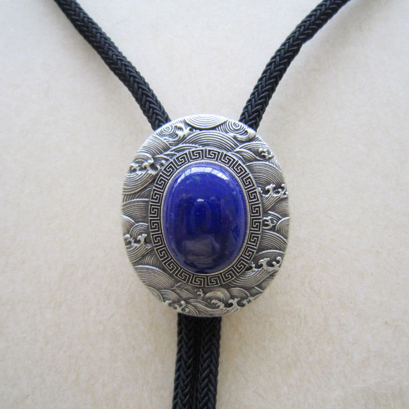 Vintage Silver Handcraft Nature Lapis lazuli Stone Oval Bolo Tie BOLOTIE-031