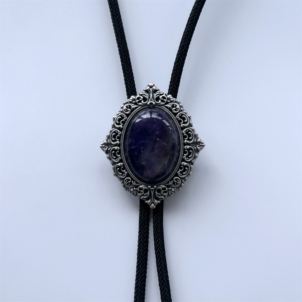 Vintage Silver Nature Amethyst Stone Magic Mirror Bolo Tie BOLOTIE-079ZS