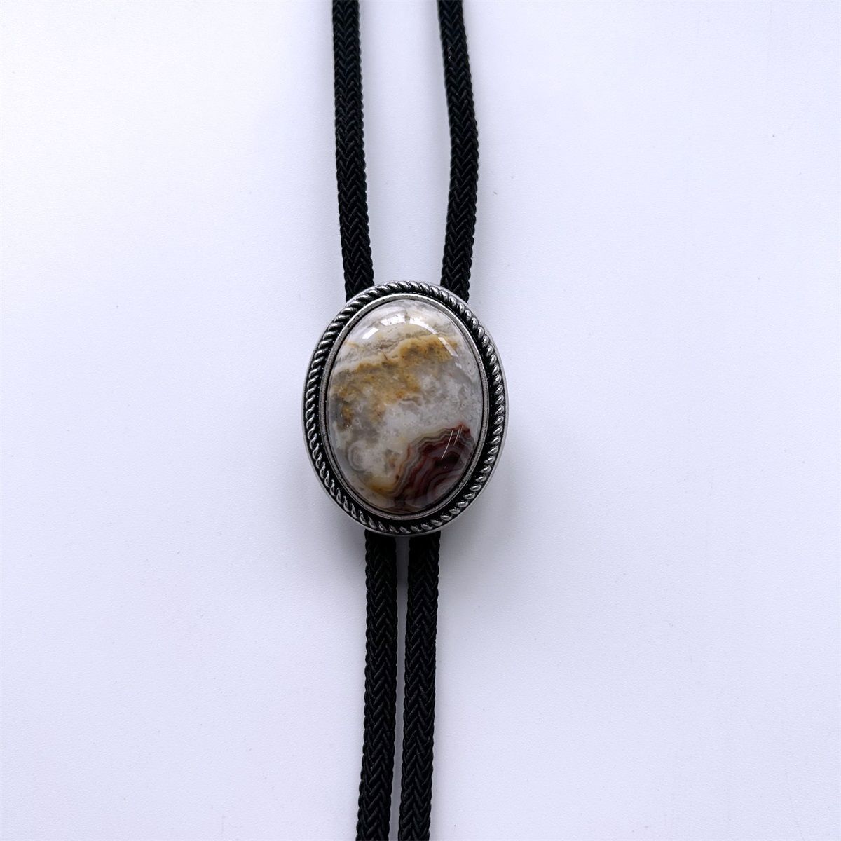 Vintage Silver Natural Crazy Agate Stone Bolo Tie With Fiber Rope BOLOTIE-043