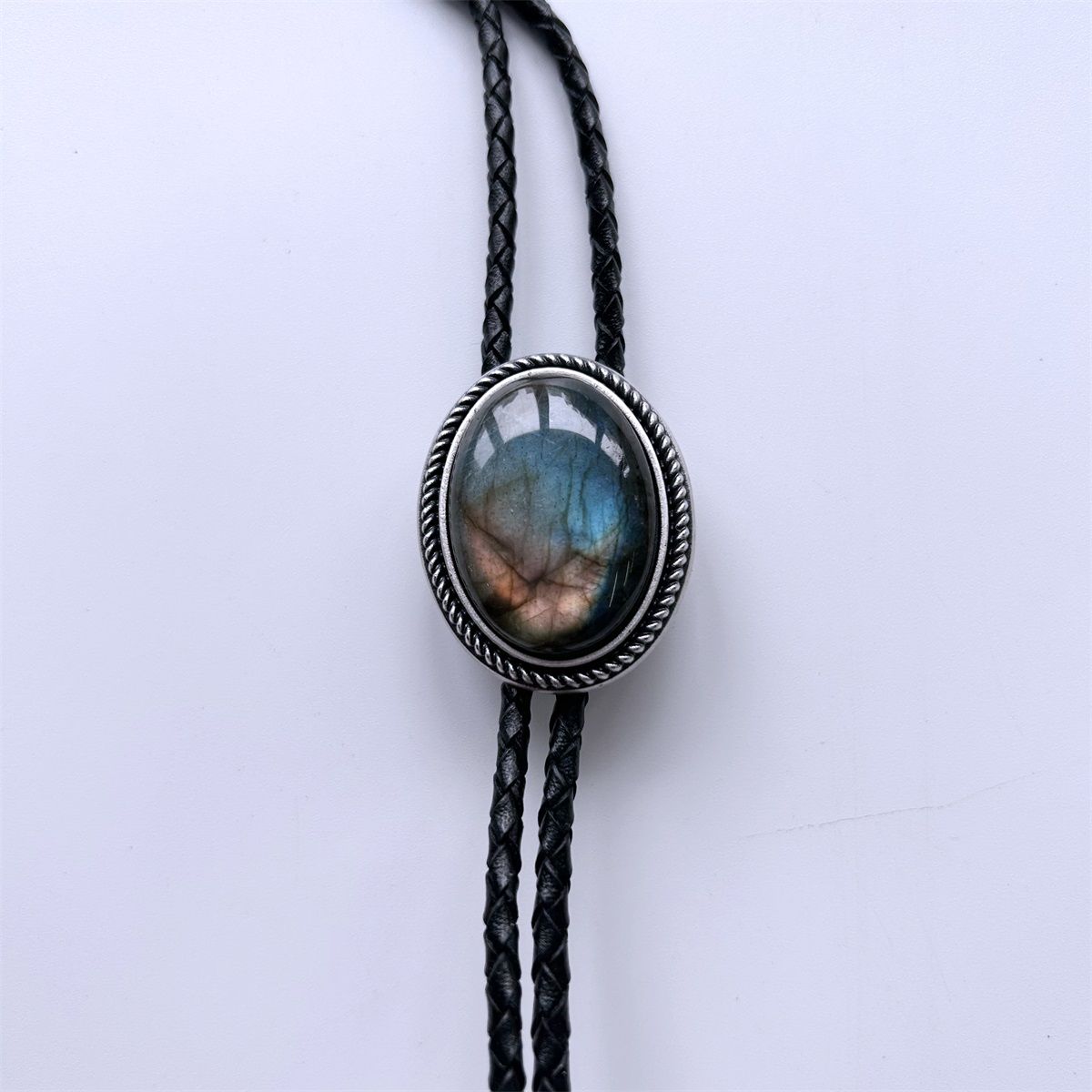 Vintage Silver Handcraft Nature Labradorite Stone Oval Bolo Tie BOLOTIE-078