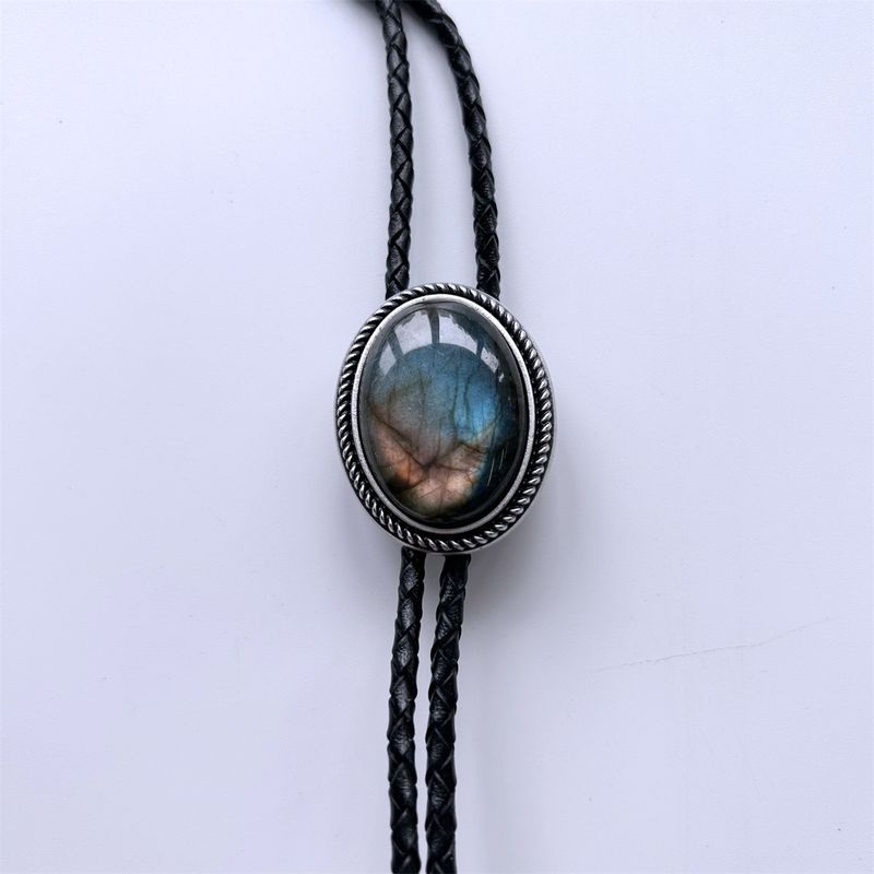 Vintage Silver Handcraft Nature Labradorite Stone Oval Bolo Tie BOLOTIE-078