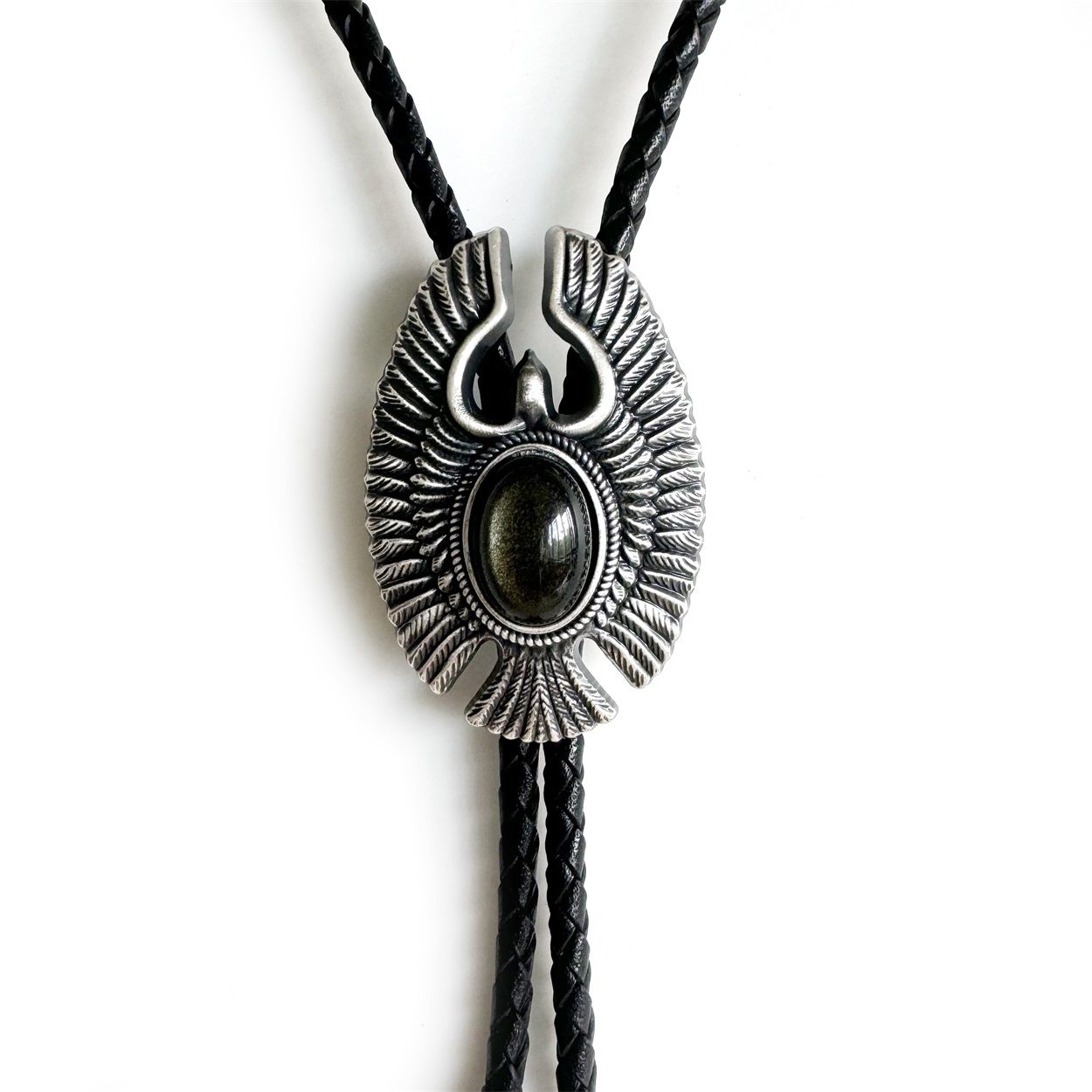 Vintage Silver Eagle Bolo Tie with Nature Gold Obsidian Stone BOLOTIE-080GO
