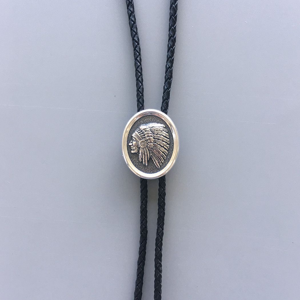 Sterling Silver 925 Chief Bolo Tie With Leather Rope BOLOTIE-S001LR