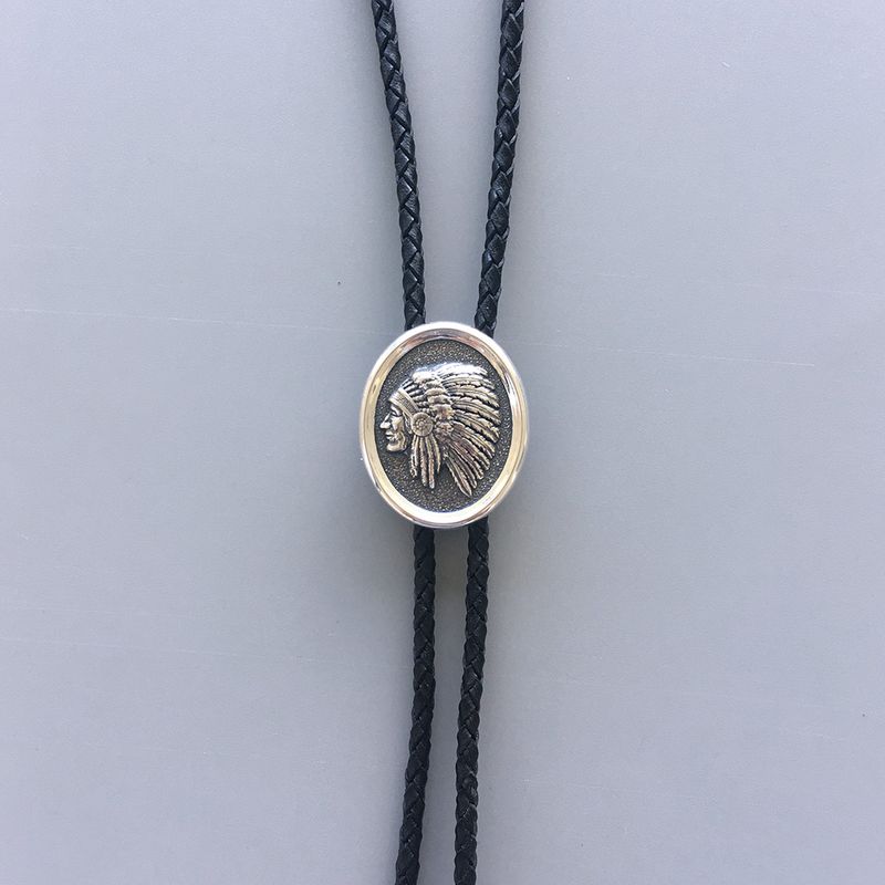 Sterling Silver 925 Chief Bolo Tie With Leather Rope BOLOTIE-S001LR