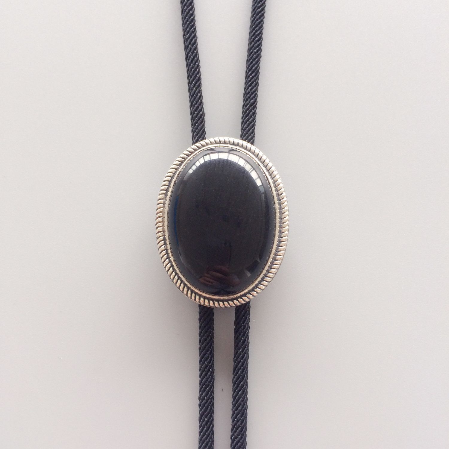 New Vintage Sterling Silver 925 Nature Black Obsidian Stone Oval Wedding Bolo Tie Necklace BOLOTIE-S069