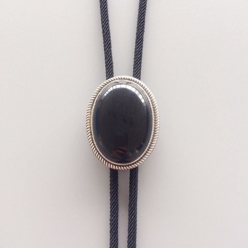 New Vintage Sterling Silver 925 Nature Black Obsidian Stone Oval Wedding Bolo Tie Necklace BOLOTIE-S069