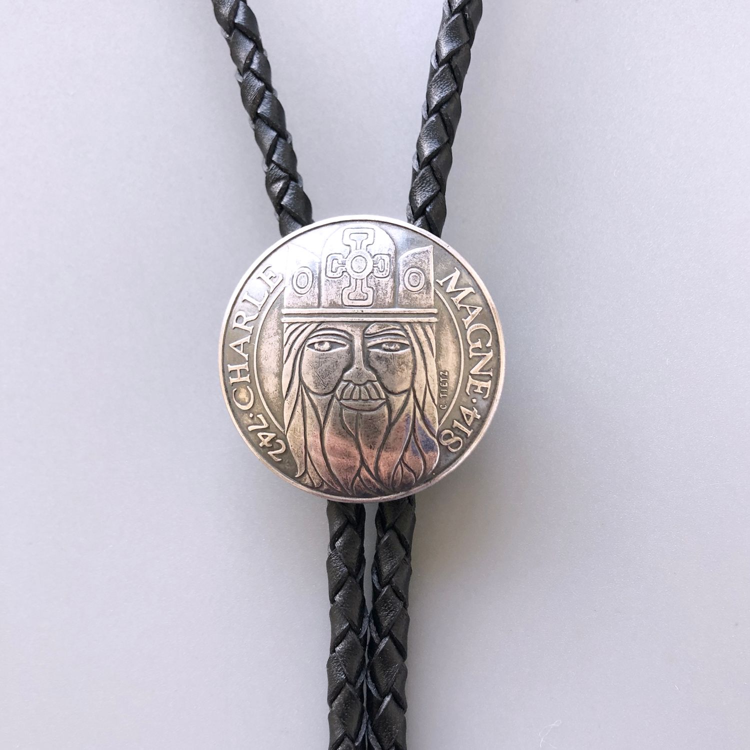 Charlemagne Silver Coin Bolo Tie Necklace BOLOTIE-F018