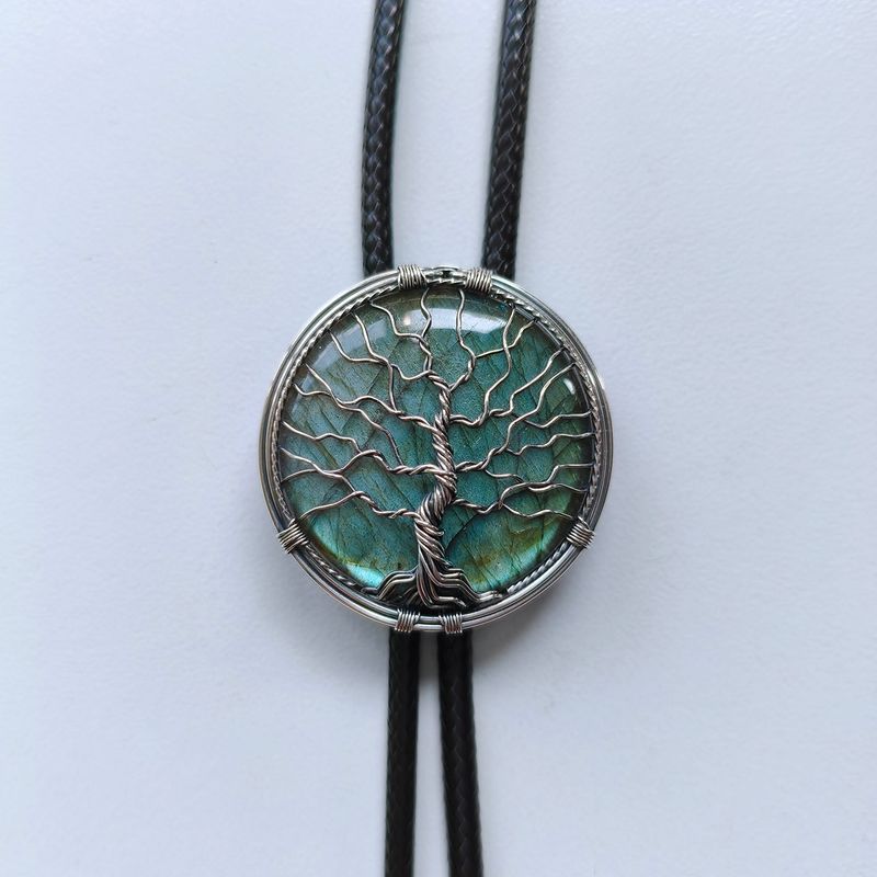 Nature Labradorite Stone Hand Made Tree Silver Bolo Tie BOLOTIE-MW001SL