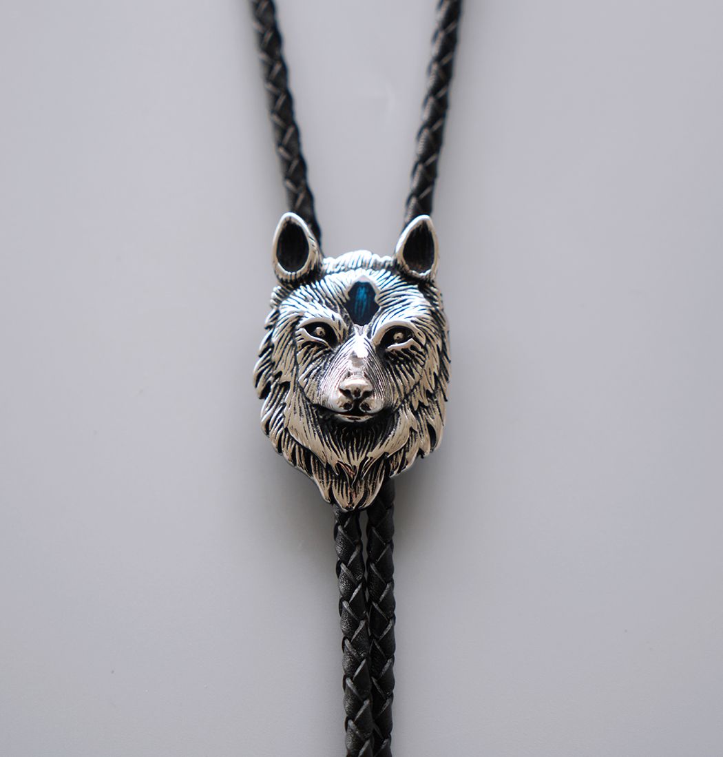New Vintage Style Stainless Steel Blue Enamel Wolf Bolo Tie BOLOTIE-SS002BL