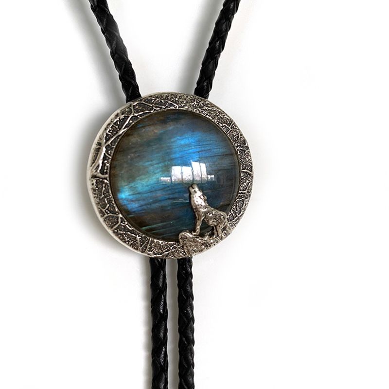 Western Wolf With Nature Labradorite Stone Sterling Silver Bolo Tie Necklace BOLOTIE-S005