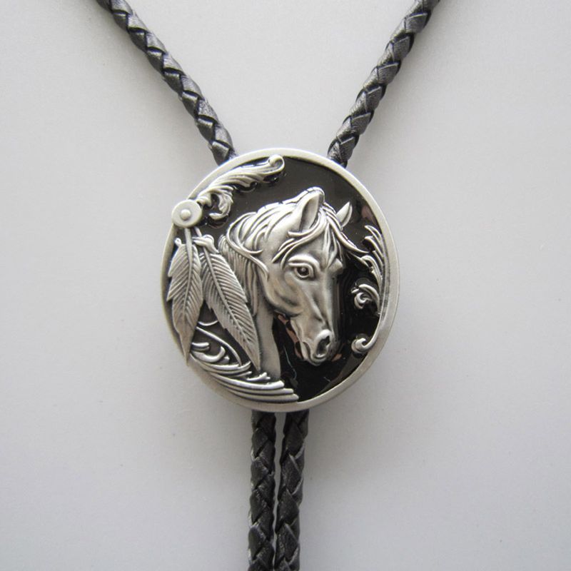 Vintage Black Enamel Western Horse Head Oval Wedding Bolo Tie Leather Necklace BOLOTIE-WT057BK