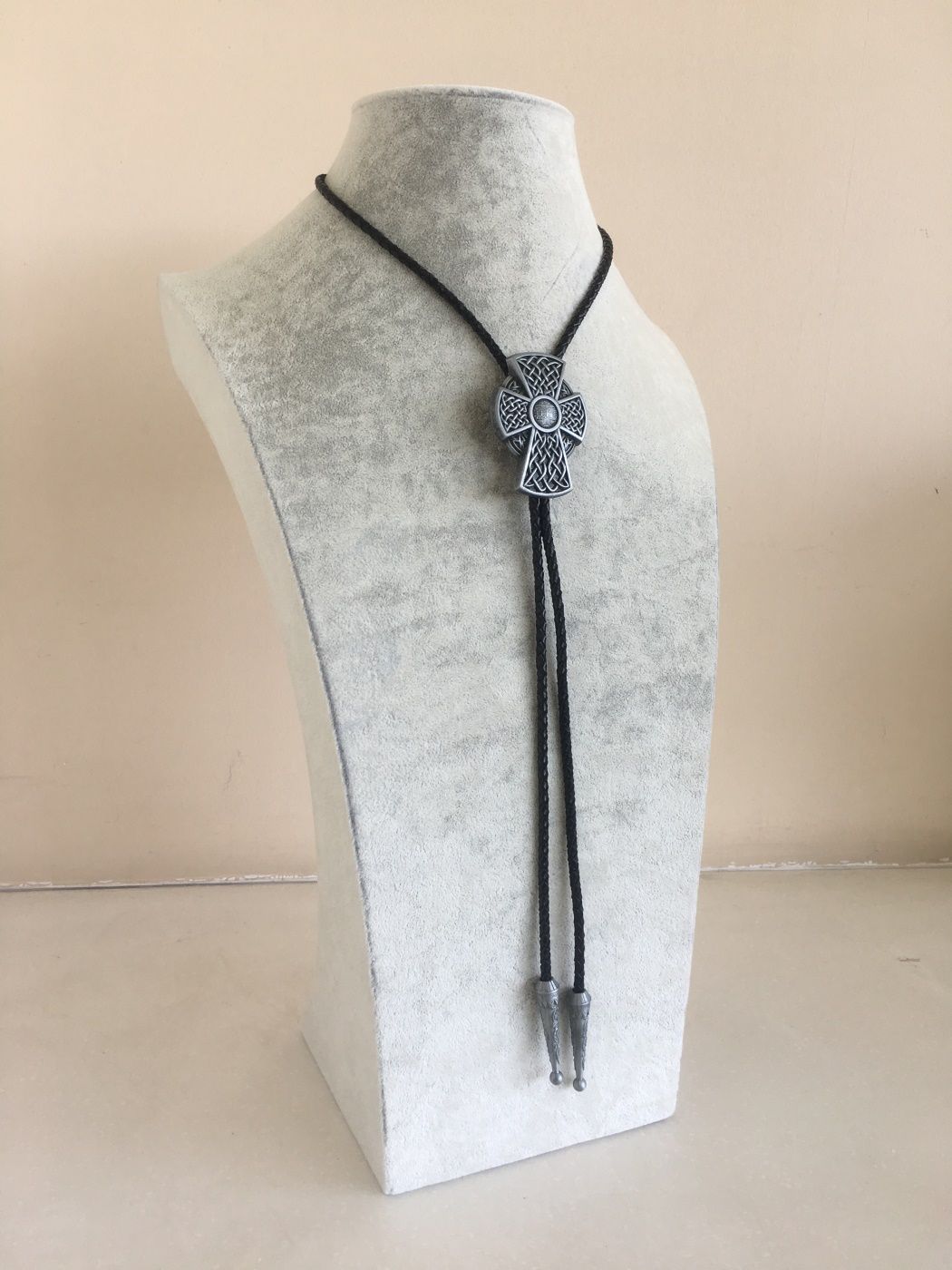 Antique Silver Cowboy Cowgirl Celtic Cross Bolo Tie