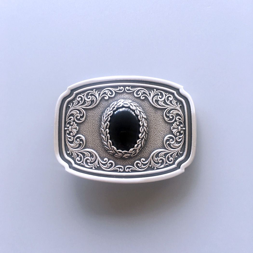 Vintage Style Silver Plated Nature Black Obsidian Stone Belt Buckle BUCKLE-WT152