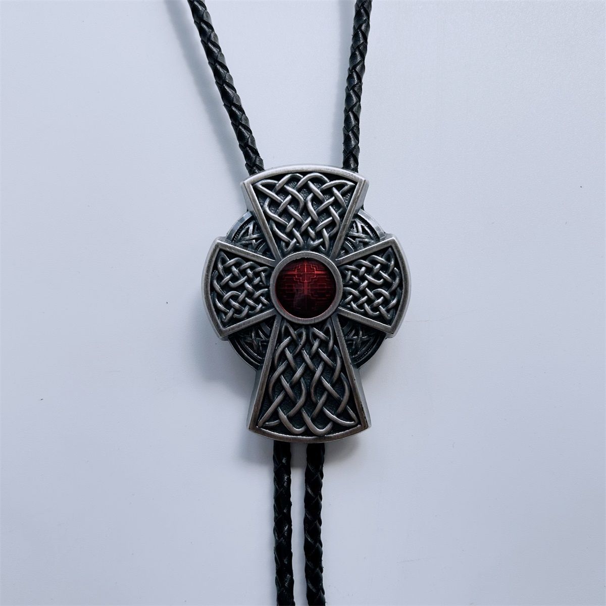 Vintage Silver Red Enamel Celtic Cross Knot Bolo Tie BOLOTIE-WT060SBL