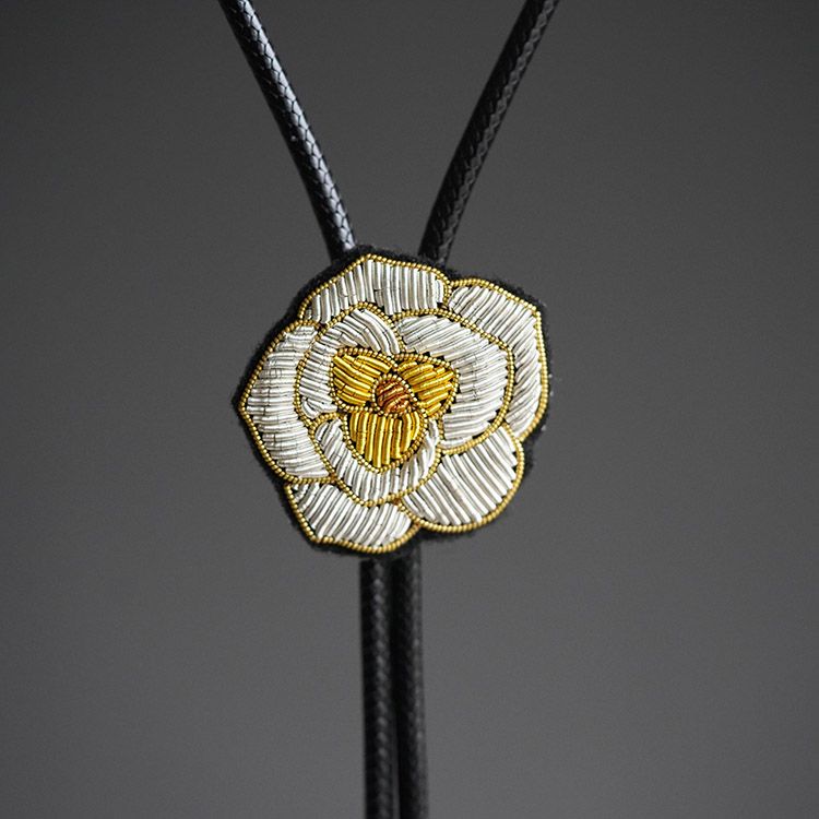 "Camellia Flower" Original Design Metal Wire Embroidered Flower Bolo Tie Bolo Necklace Accessory Necklace BOLOTIE-E021