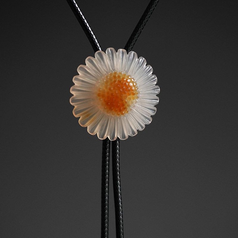 "Chrysanthemum" Natural Agate Hand-carved Chrysanthemum Sun Flower Bolo Tie BOLOTIE-JS004