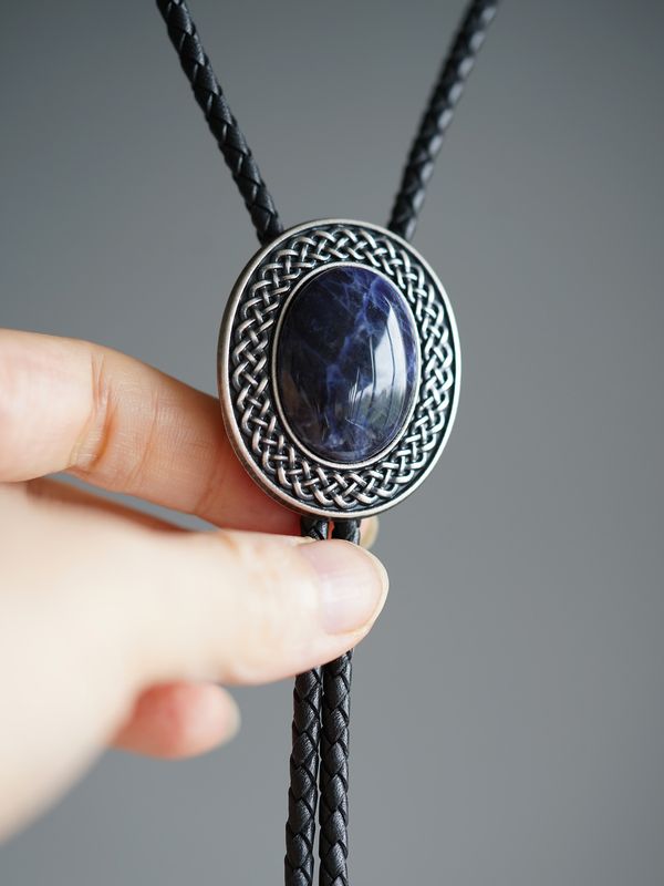 "Blue Vein" Celtic Pattern Engraved Natural Blue Vein Stone Polo Necktie Pendant BOLOTIE-027LW