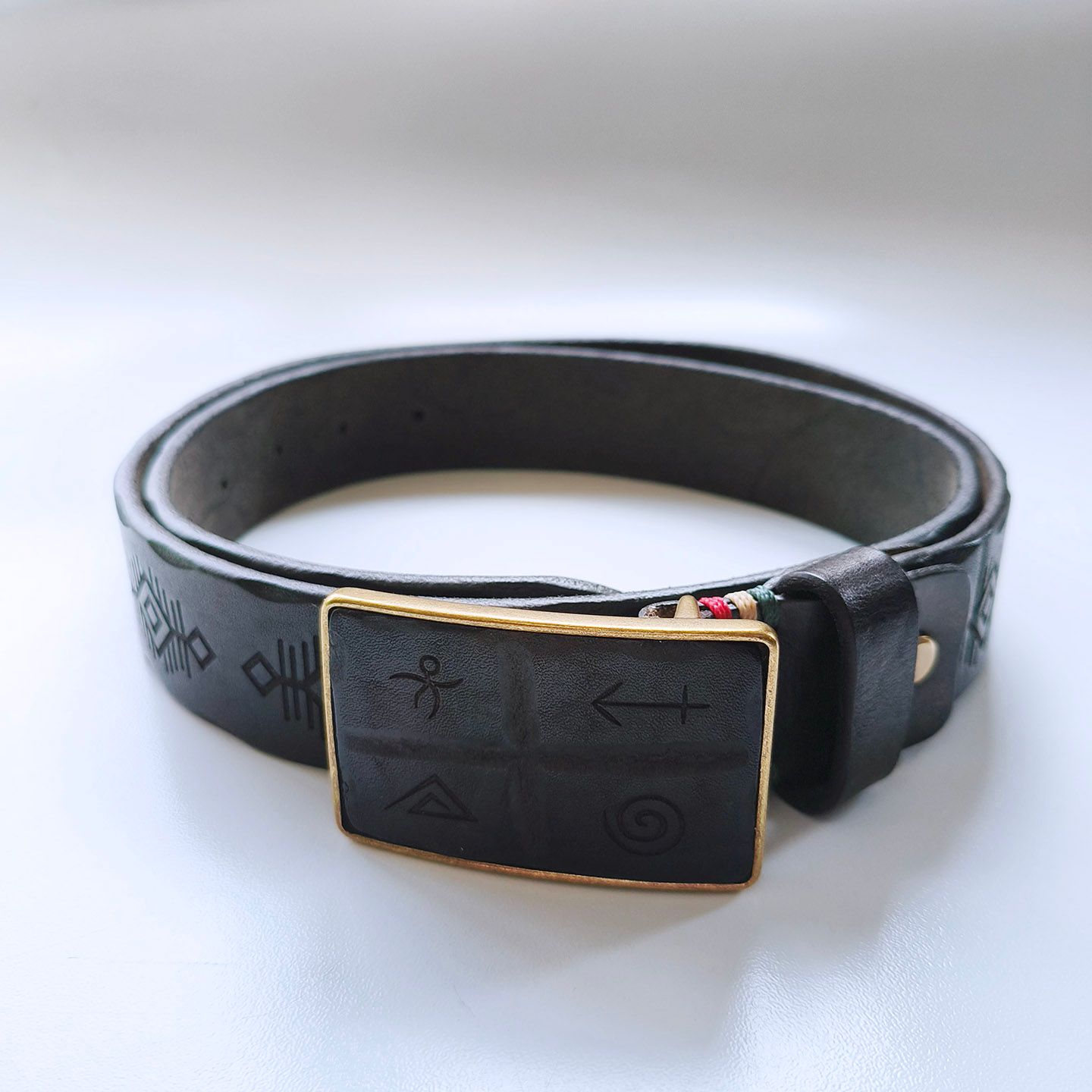 Vintage Ancient Totem Engrave Black Genuine Leather Belt With Solid Brass Buckle BELT1-029BK