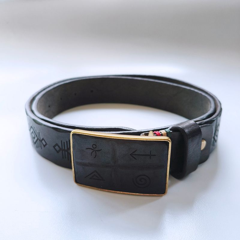 Vintage Ancient Totem Engrave Black Genuine Leather Belt With Solid Brass Buckle BELT1-029BK