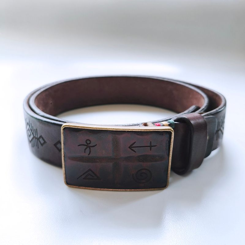 Vintage Ancient Totem Engrave Dark Coffee Genuine Leather Belt With Solid Brass Buckle BELT1-029BW