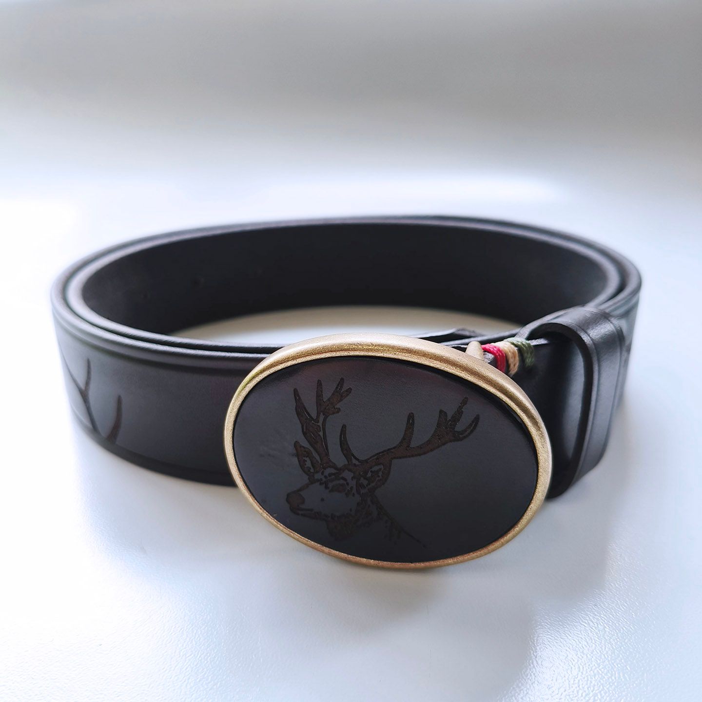 Vintage Deer Hunting Western Engrave Black Genuine Leather Belt With Solid Brass Buckle BELT1-031BK