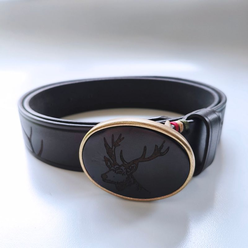 Vintage Deer Hunting Western Engrave Black Genuine Leather Belt With Solid Brass Buckle BELT1-031BK
