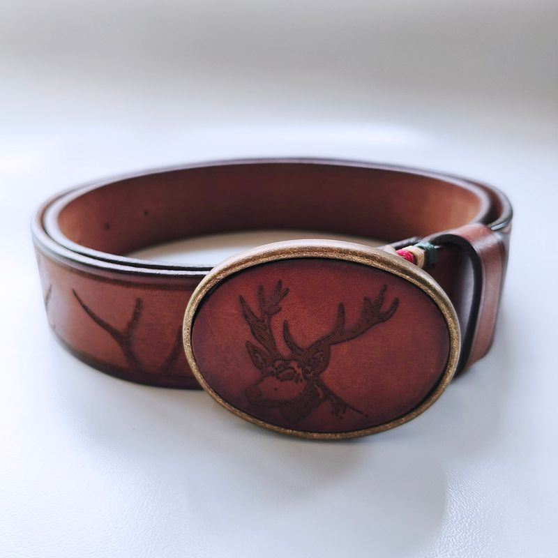 Vintage Deer Hunting Western Engrave Brown Genuine Leather Belt With Solid Brass Buckle BELT1-031ZW