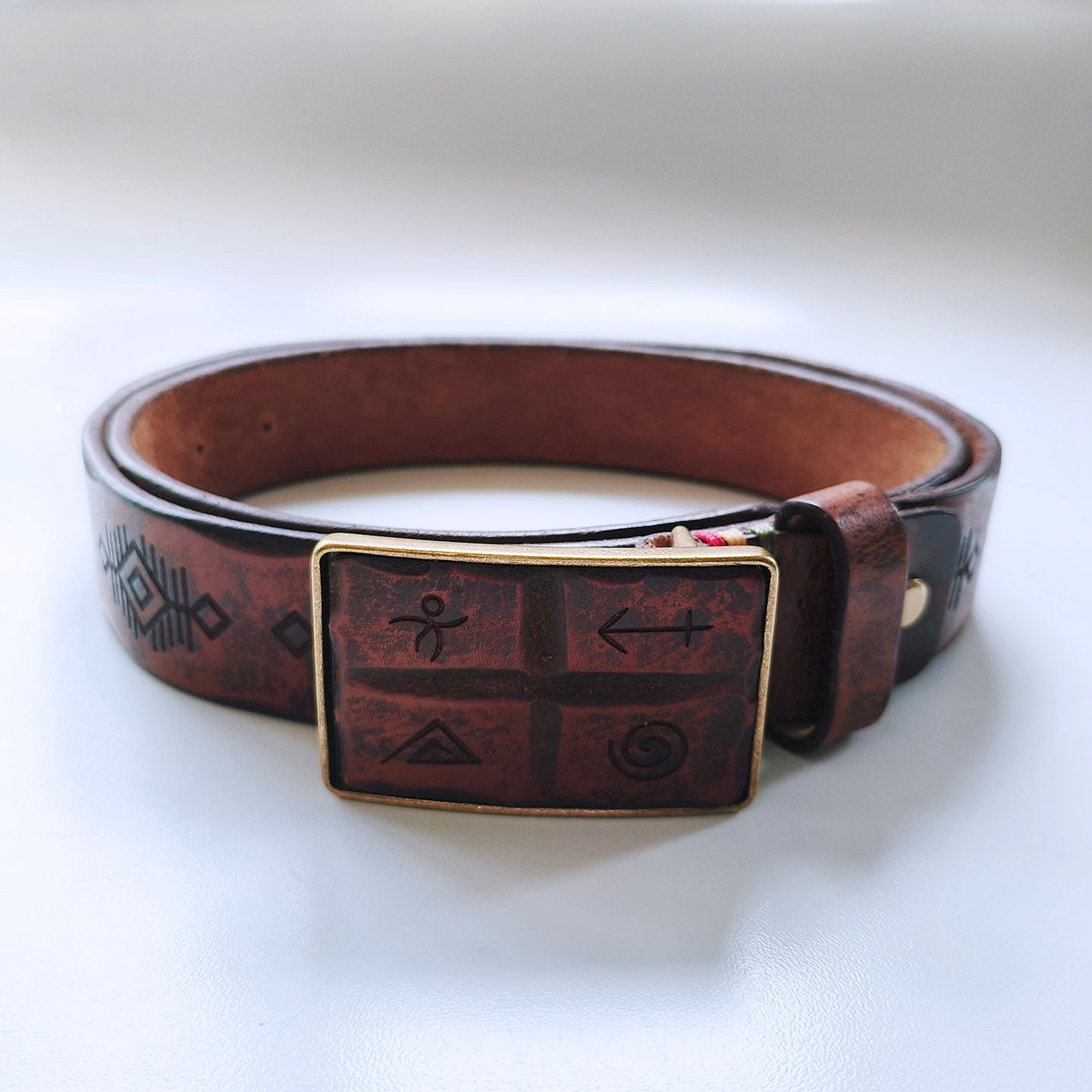 Vintage Ancient Totem Engrave Brown Genuine Leather Belt With Solid Brass Buckle BELT1-029ZW