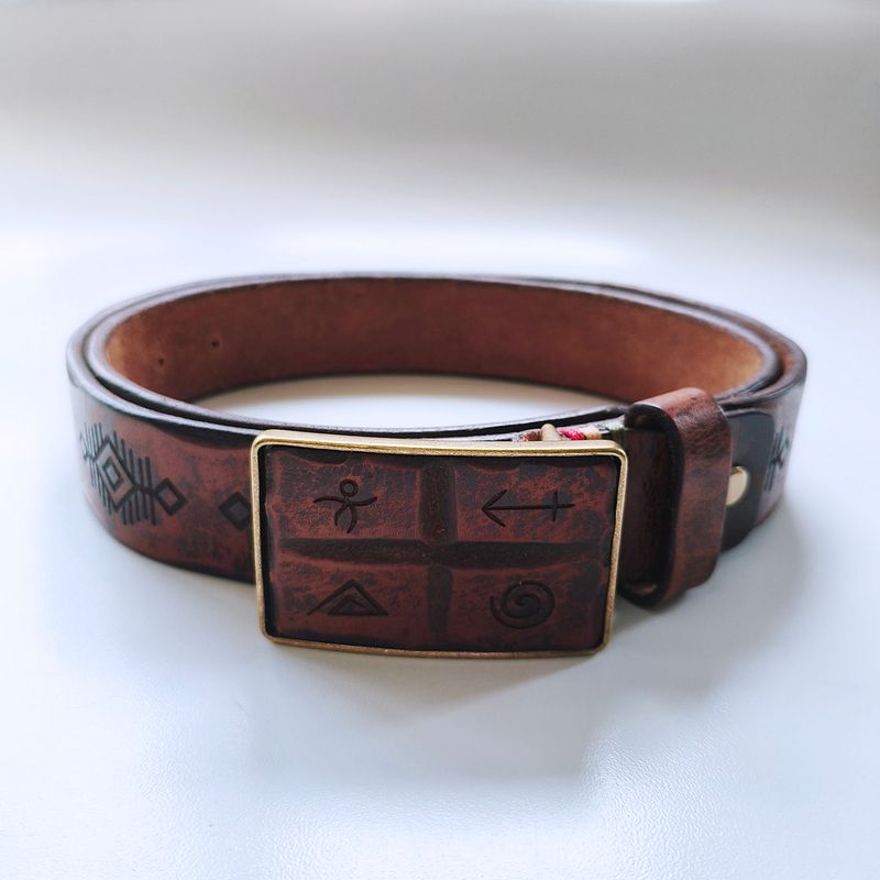 Vintage Ancient Totem Engrave Brown Genuine Leather Belt With Solid Brass Buckle BELT1-029ZW