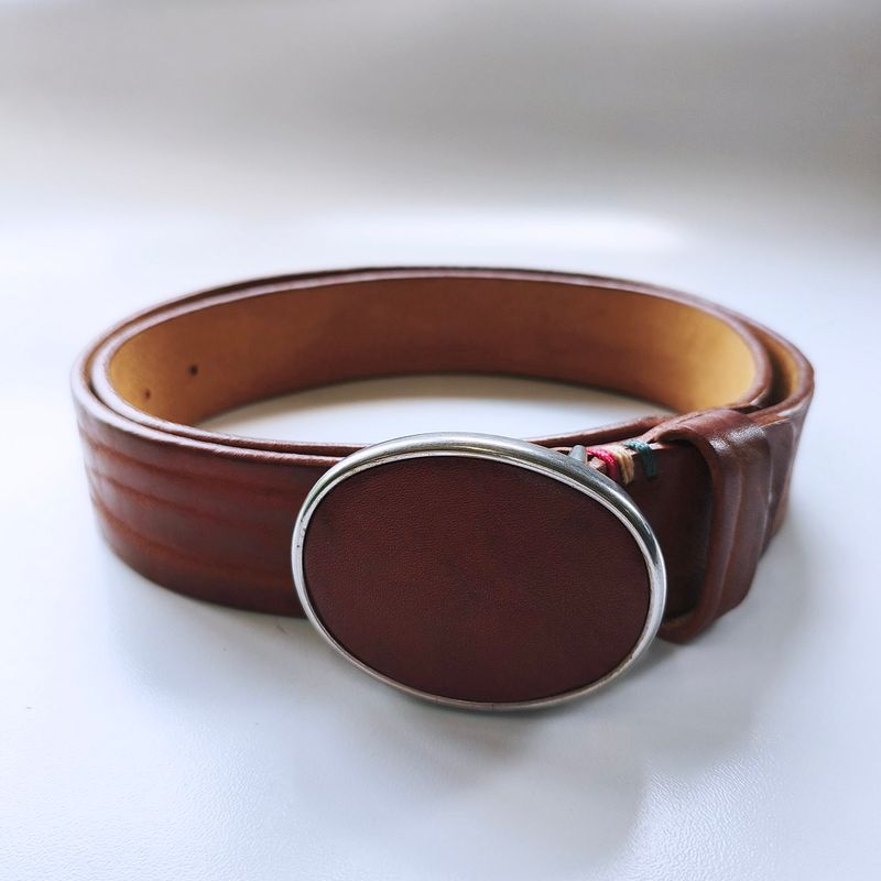Vintage Style Brown Genuine Leather Belt With Solid Brass Blank Custom Leather Cover Buckle BELT1-030ZW