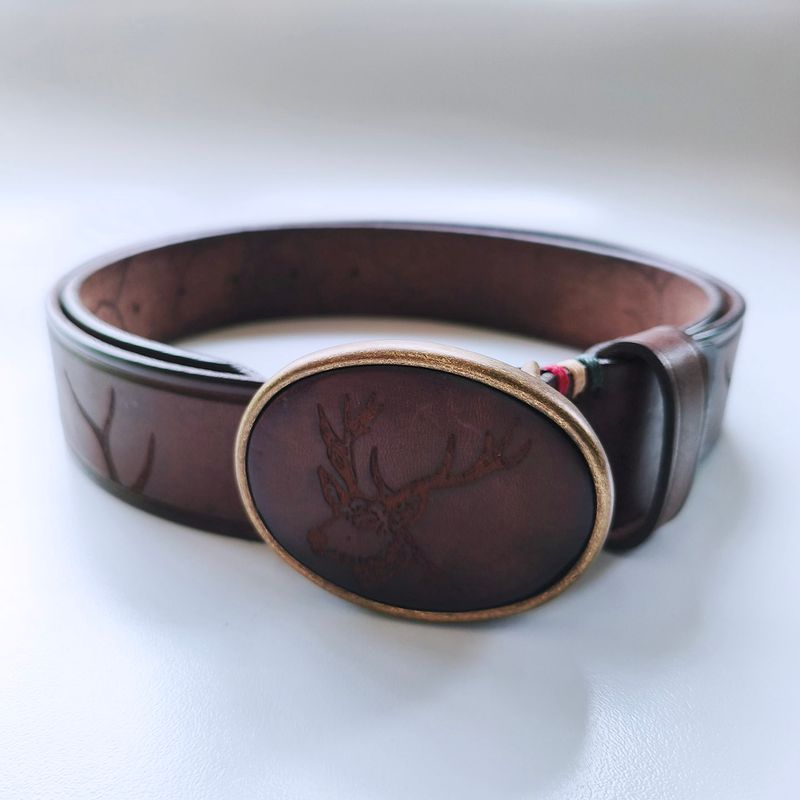 Vintage Deer Hunting Western Engrave Dark Coffee Genuine Leather Belt With Solid Brass Buckle BELT1-031BW