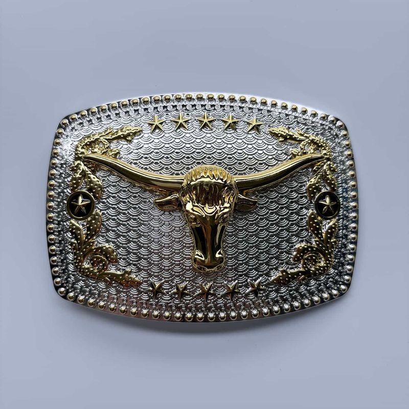 Bright Silver With Gold Longhorn Bull Rodeo Star Cowboy Cowgirl Rectangle Belt Buckle Hebilla Gurtelschnalle Boucle de ceinture BUCKLE-WT175