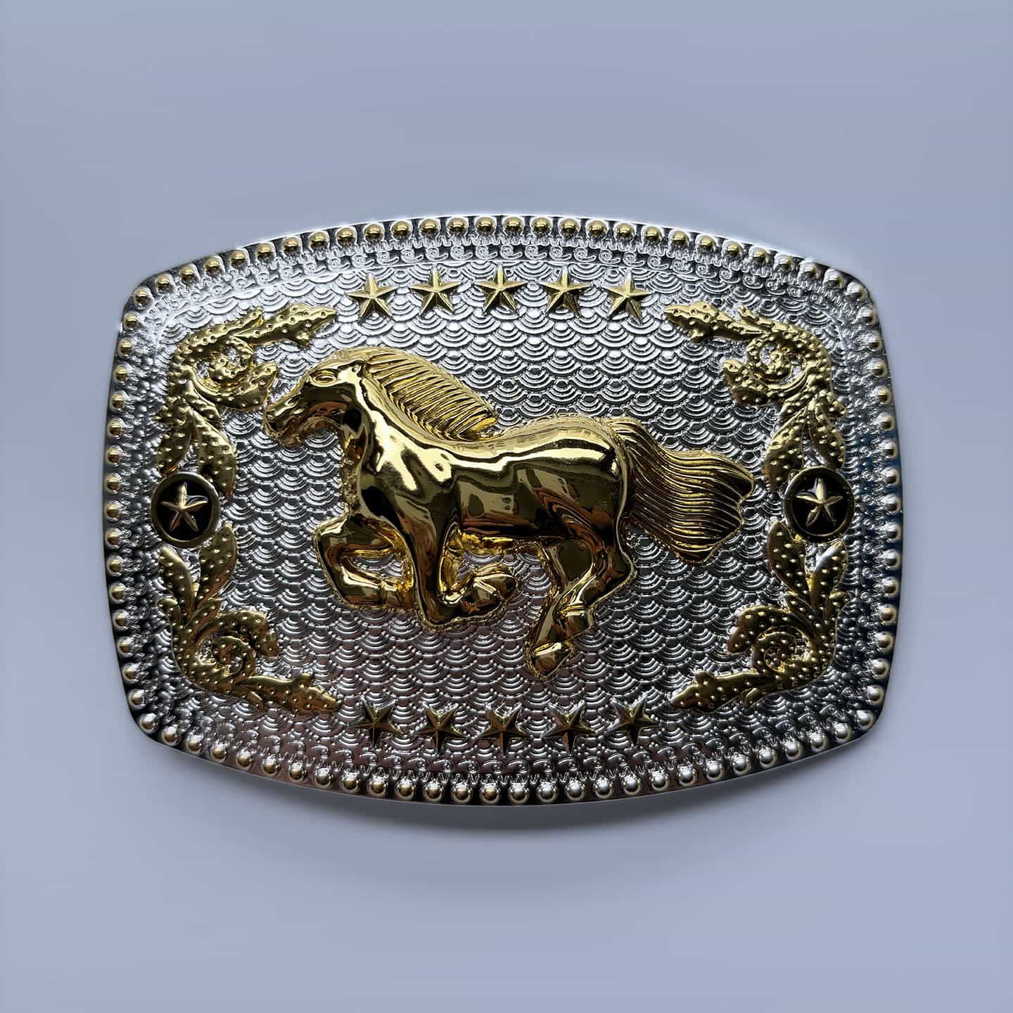Bright Silver With Gold Running Horse Rodeo Star Cowboy Cowgirl Rectangle Belt Buckle Hebilla Gurtelschnalle Boucle de ceinture BUCKLE-WT177