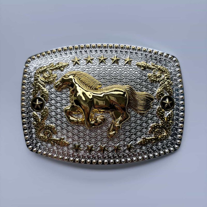 Bright Silver With Gold Running Horse Rodeo Star Cowboy Cowgirl Rectangle Belt Buckle Hebilla Gurtelschnalle Boucle de ceinture BUCKLE-WT177