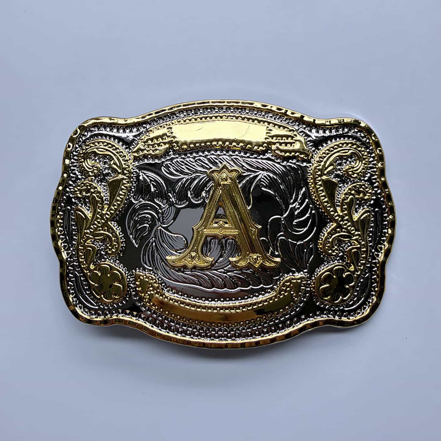 Bright Silver With Gold Initial Letter A-Z Cowboy Cowgirl Rectangle Belt Buckle Hebilla BUCKLE-LE020