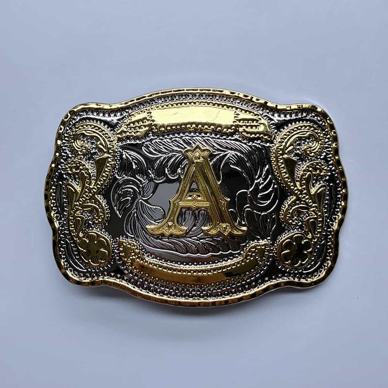 Bright Silver With Gold Initial Letter A-Z Cowboy Cowgirl Rectangle Belt Buckle Hebilla BUCKLE-LE020