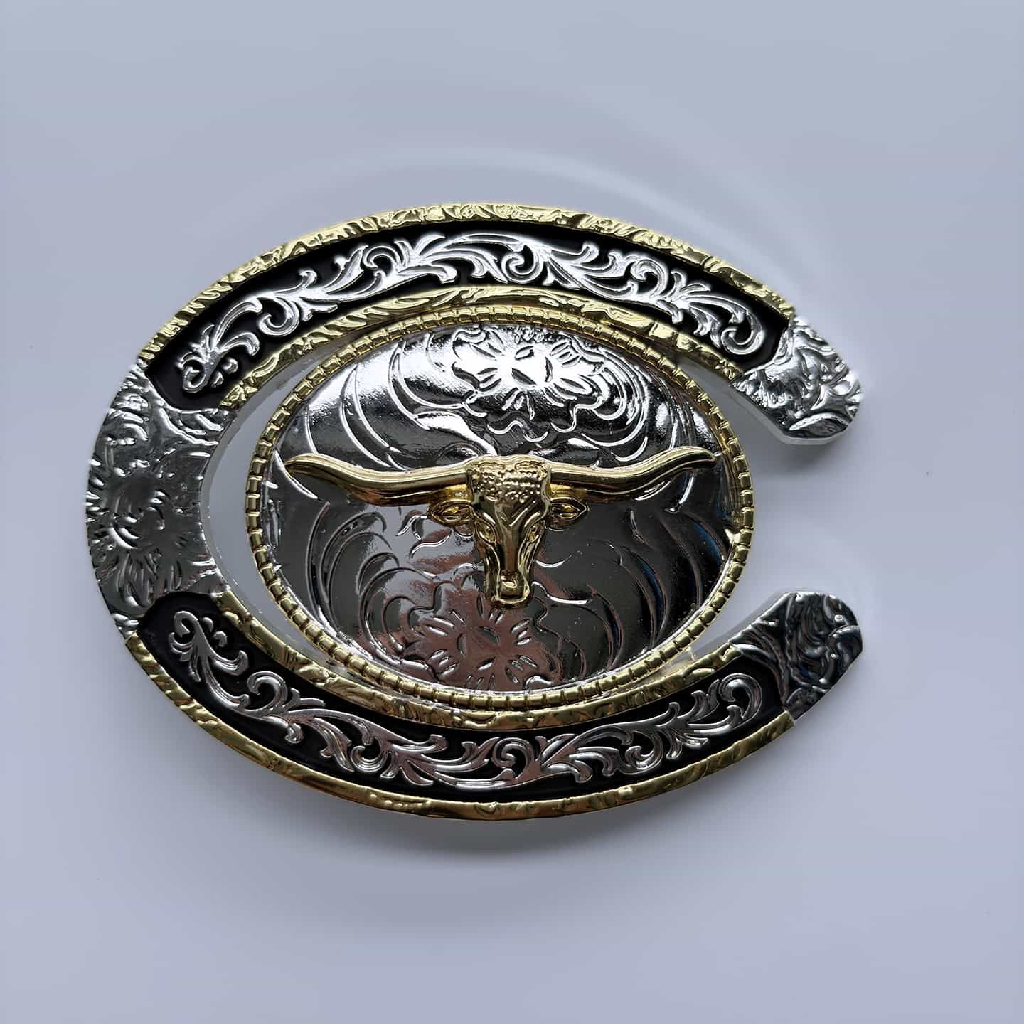 Bright Silver With Gold Rodeo Bull Horseshoe Cowboy Cowgirl Belt Buckle Hebilla Gurtelschnalle Boucle de ceinture BUCKLE-WT166