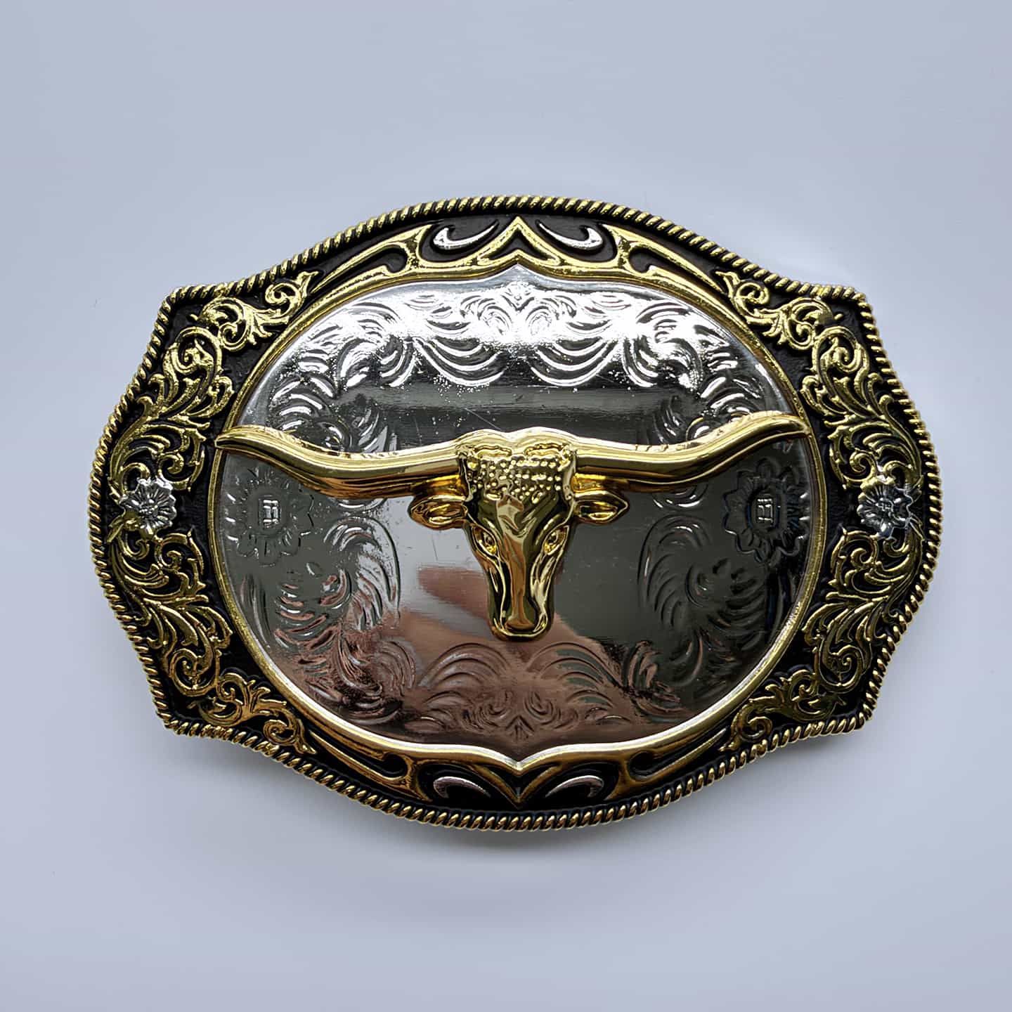 Bright Silver With Gold Longhorn Bull Rodeo Cowboy Cowgirl Belt Buckle Hebilla Gurtelschnalle Boucle de ceinture BUCKLE-WT167