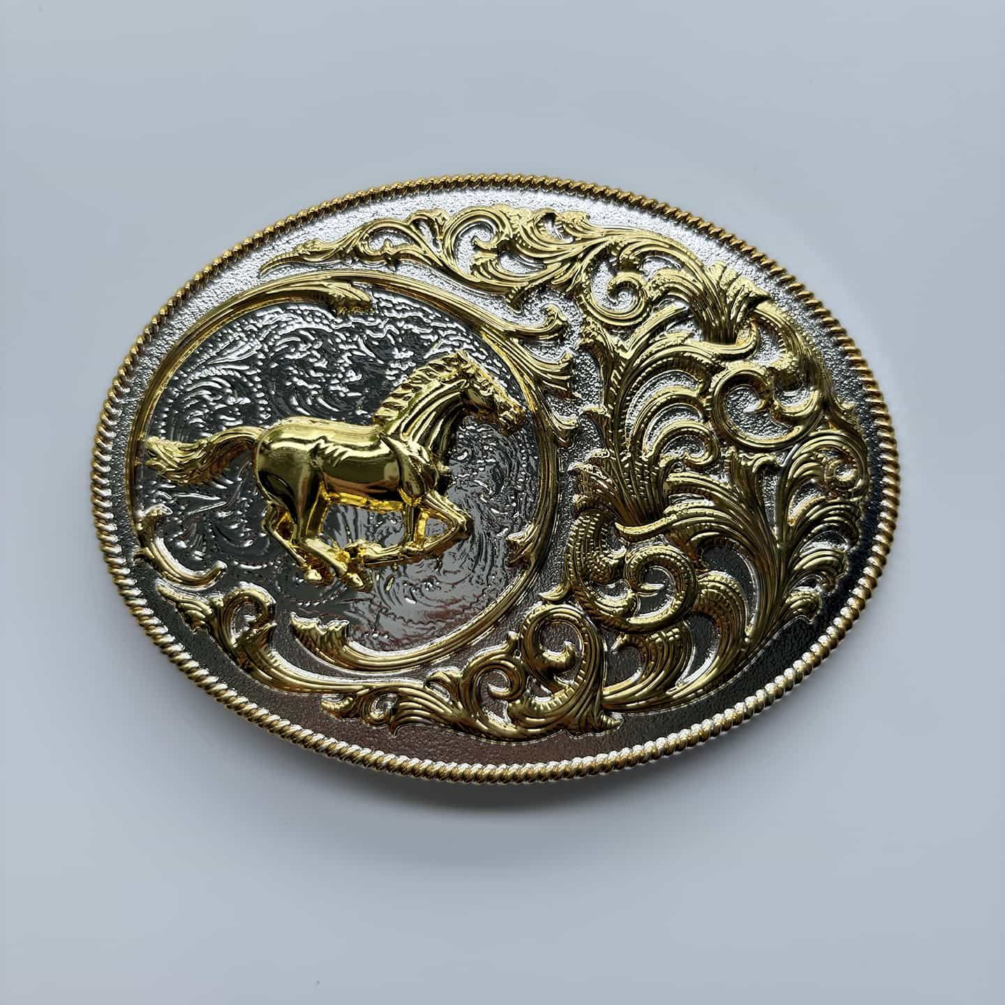 Bright Silver With Gold Running Horse Rodeo Cowboy Cowgirl Belt Buckle Hebilla Gurtelschnalle Boucle de ceinture BUCKLE-WT169